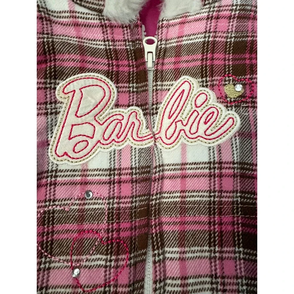 Kids‎ Barbie Plaid Hooded Vest Puffer Faux Fur Trim Pink Brown White Size 4T